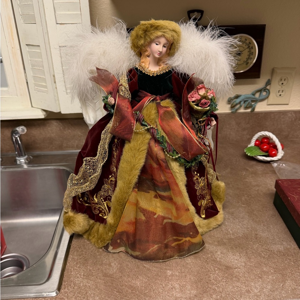 Elegant Vintage Victorian Doll with Burgundy and Gold Dress